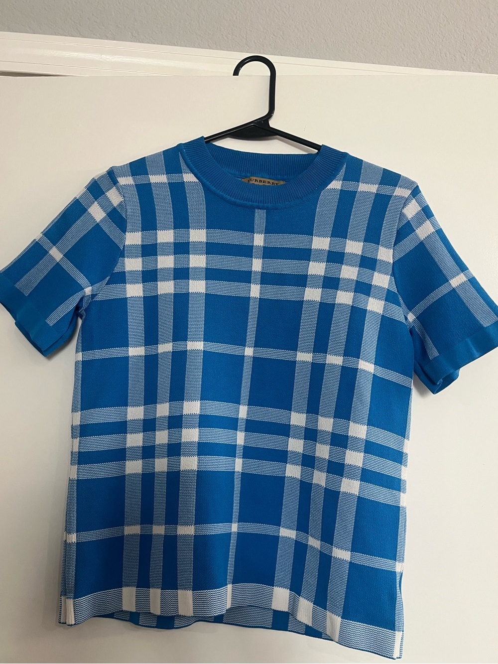 Burberry Check Knit Top Blue White Short Sleeve Crewneck Sweater